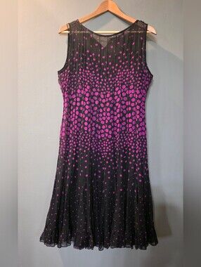 Rickie Freeman For Teri Jon Black W/ Magenta Polka Dots Midi Dress Womens 14 NWT